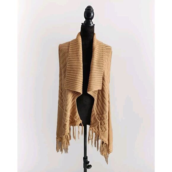 AUGUST SILK WOMEN'S CAMEL SLEEVELESS CARDIGAN SWEATER VEST WITH FRINGE SIZE L - Picture 1 of 9